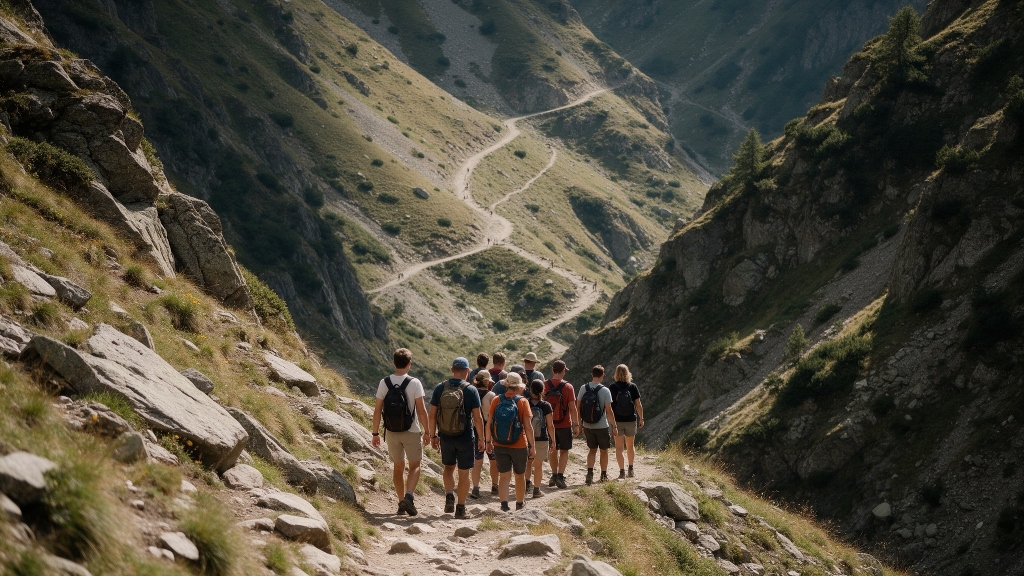 Grupa planinara hoda planinskom stazom u prirodi